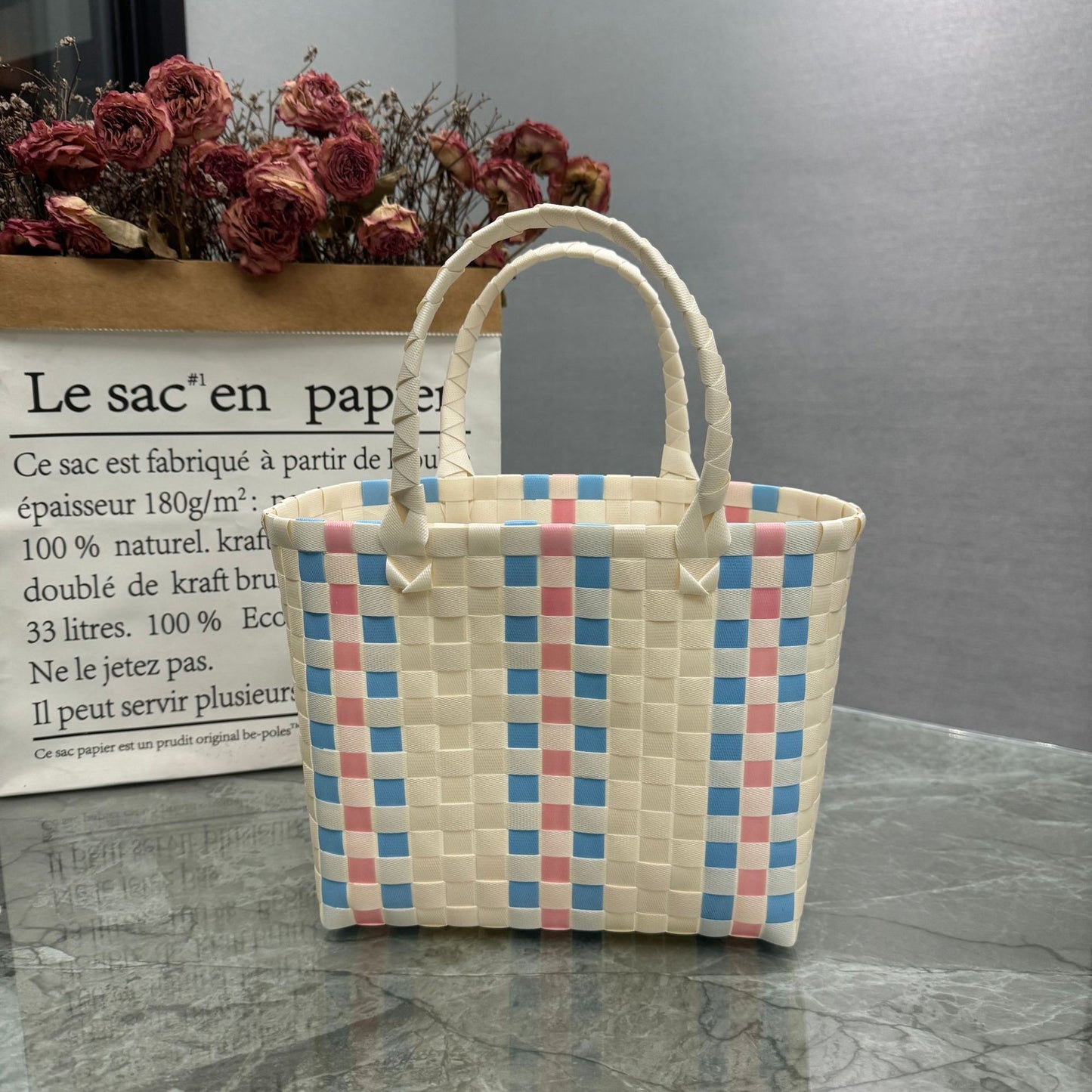 Women's Plastic Woven Gift Basket With Hand Fresh Handbags