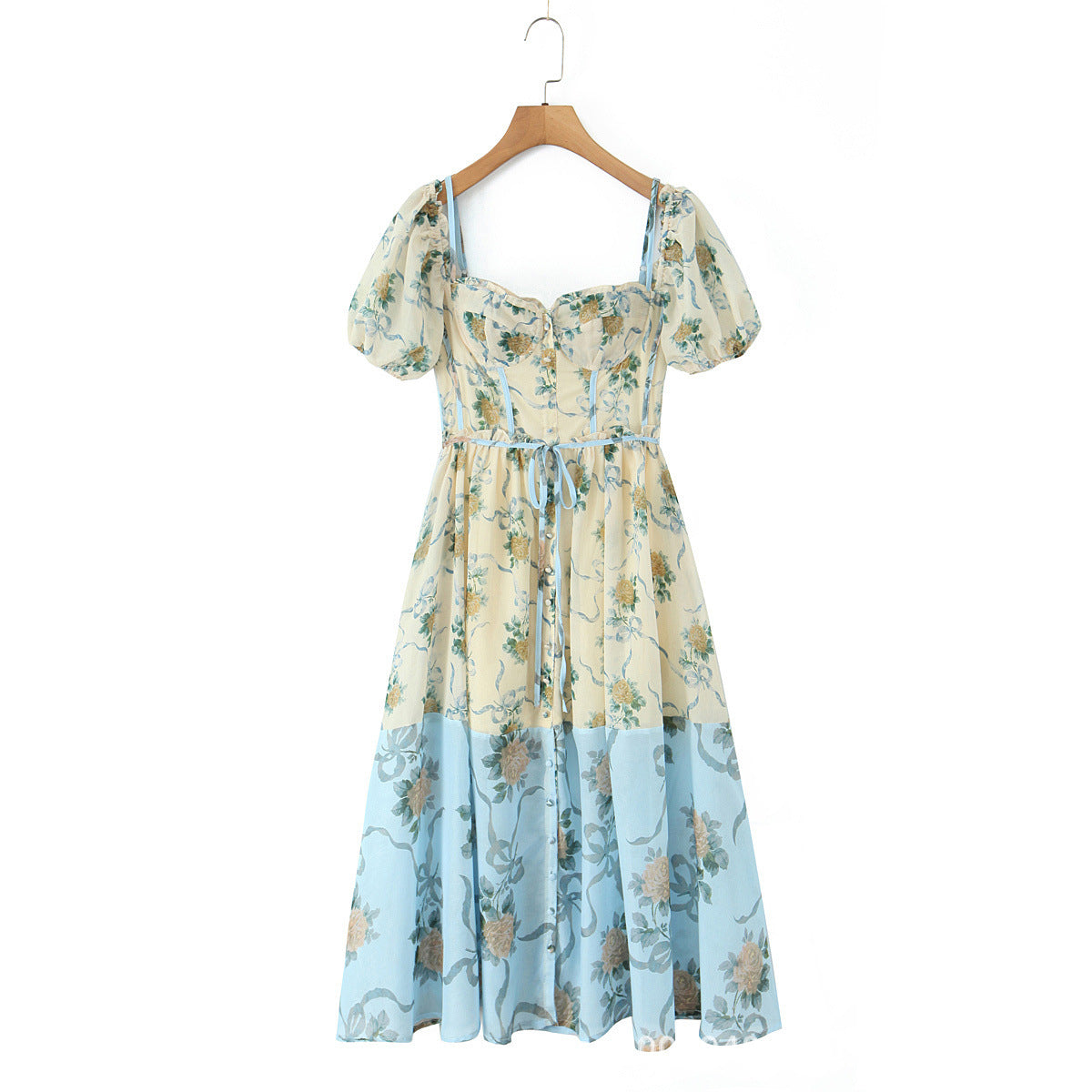 Retro Romantic Print Stitching Puff Sleeve Dresses