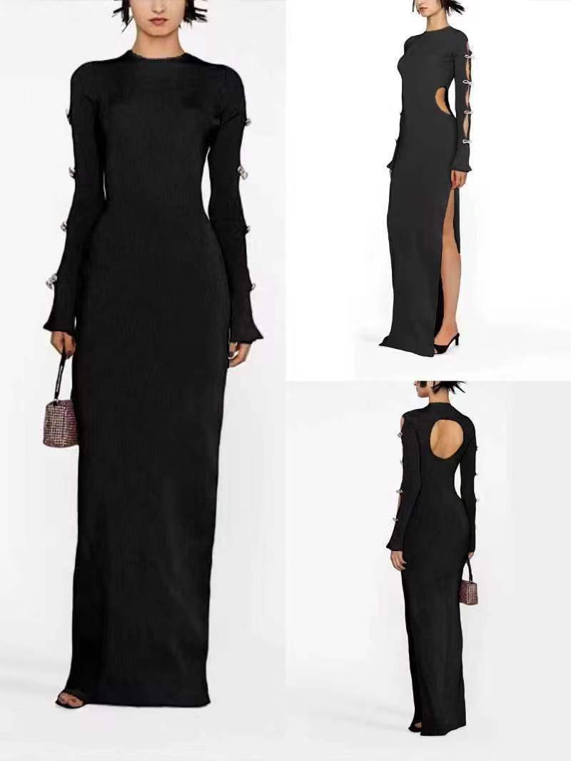 Women's Red Bow Hollow Out Dark Pattern Long Dress Clothing