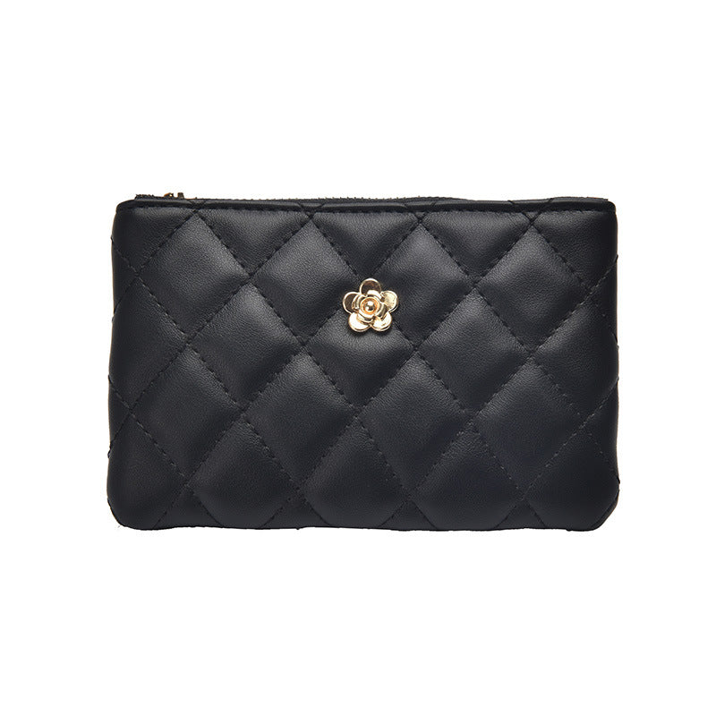Women's Thin License Clamp Camellia Diamond Zipper Ladies Wallets