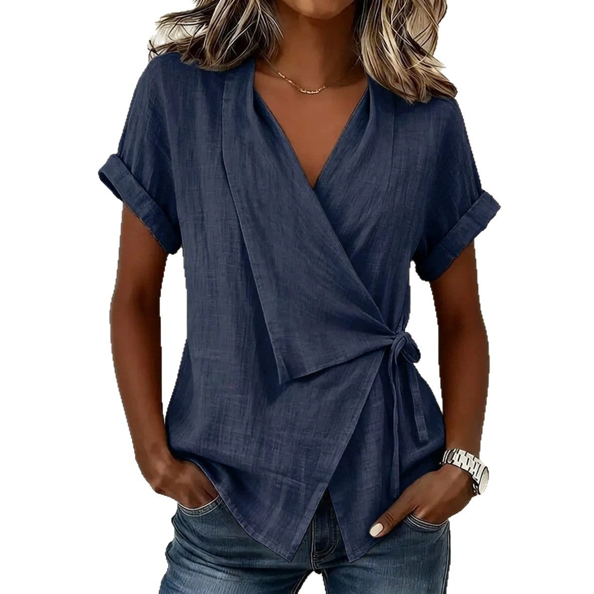 Summer Casual Solid Color Polo Collar Irregular Women's T-shirt