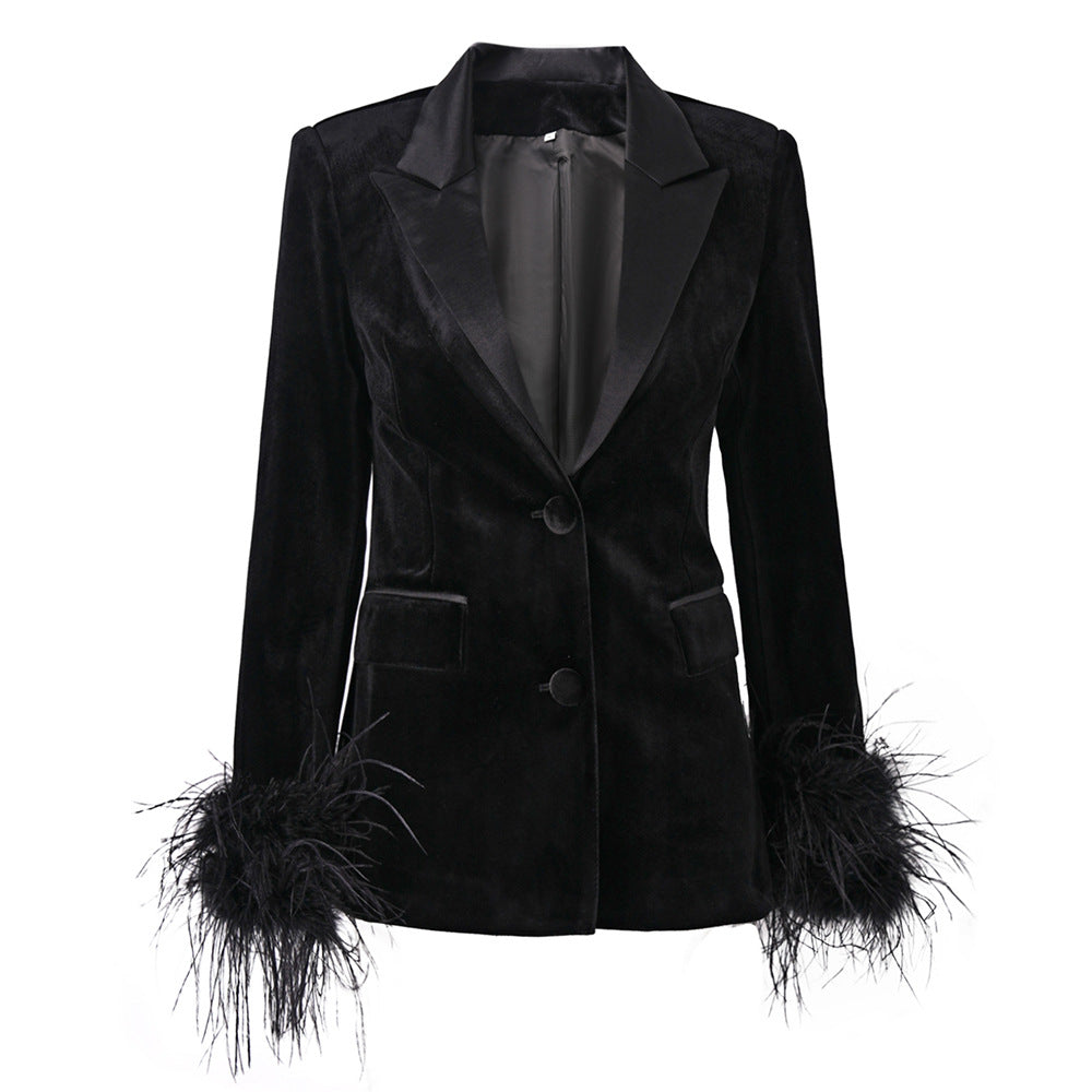 Women's Feather Decoration Black Ostrich Small Dress Blazers