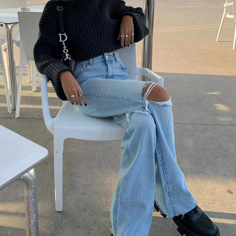 Denim Wide Leg Trousers Ripped Skinny Women's Jeans