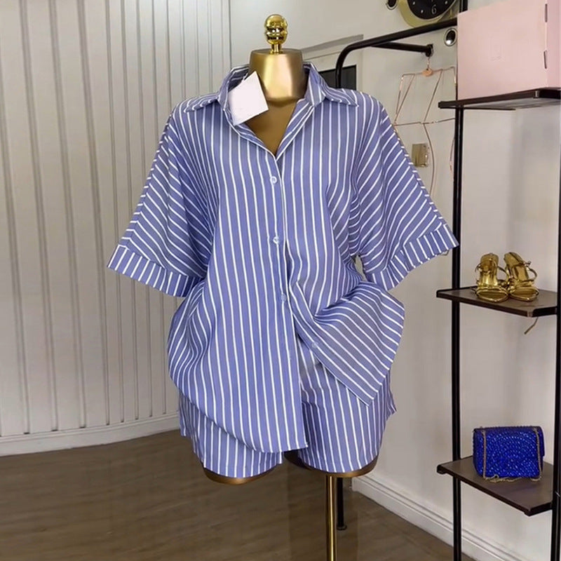 Women's White Striped Loose Shirt High Waist Suits