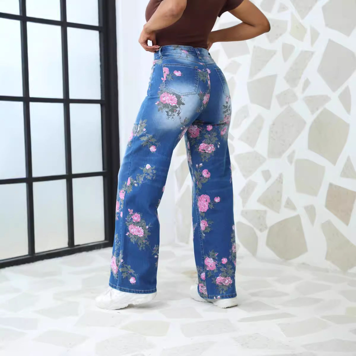 Waist Stretch Vintage Random Print Loose Wide Jeans