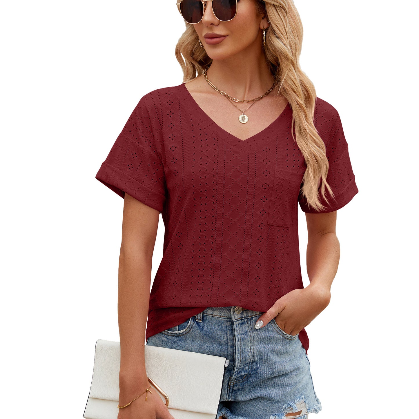 Solid Color Pocket Loose Sleeve Ladies Women's T-shirt