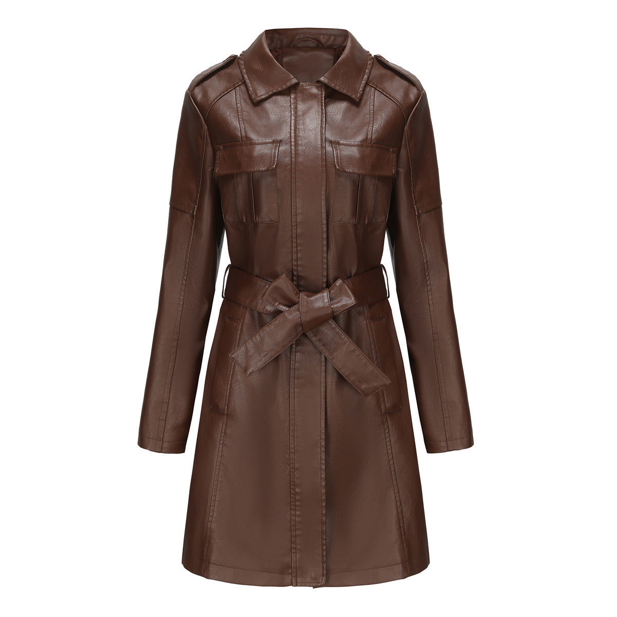 Women's Mid-length Leather Including Belt Long Sleeve Wind Fashion Jackets
