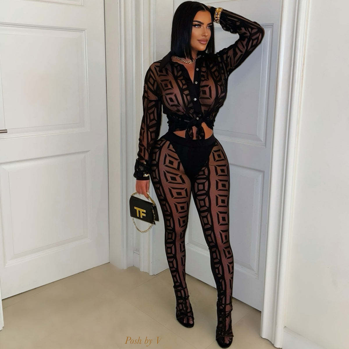 Pretty Graceful Printed Mesh Shirt Trousers Suits