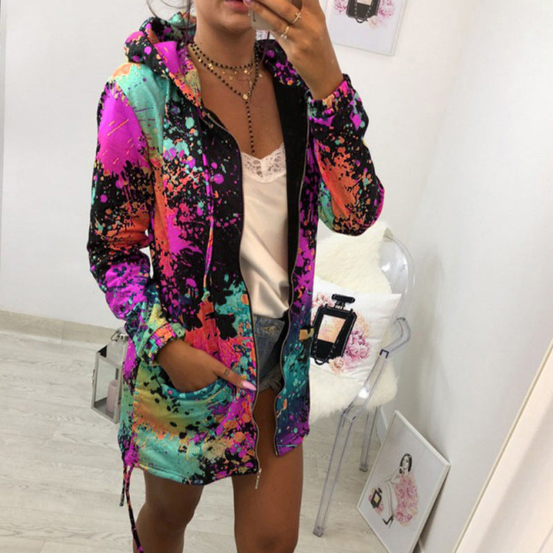 Women's Loose-fitting Printed Hooded Mid-length Long Sleeve Women's Sweater, Sweater