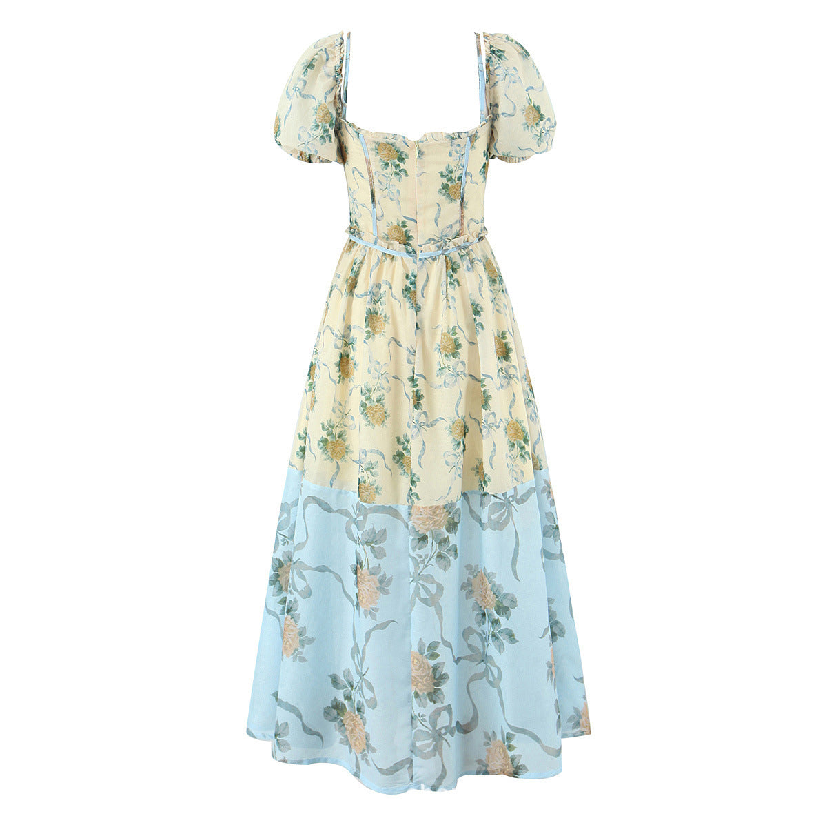 Retro Romantic Print Stitching Puff Sleeve Dresses