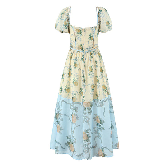 Retro Romantic Print Stitching Puff Sleeve Dresses