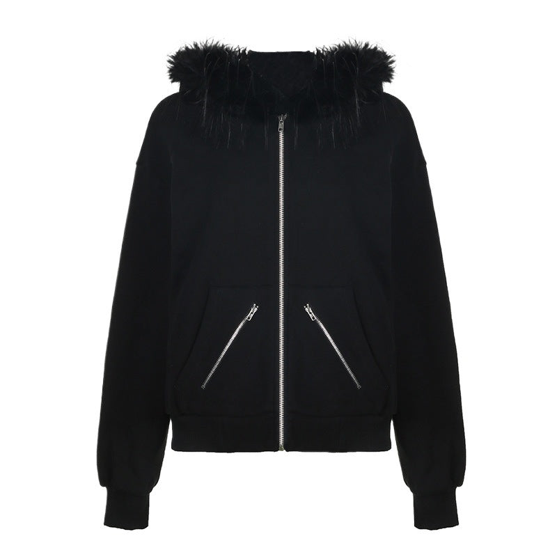 Style Vintage Zipper Pocket Fur Collar Sweaters