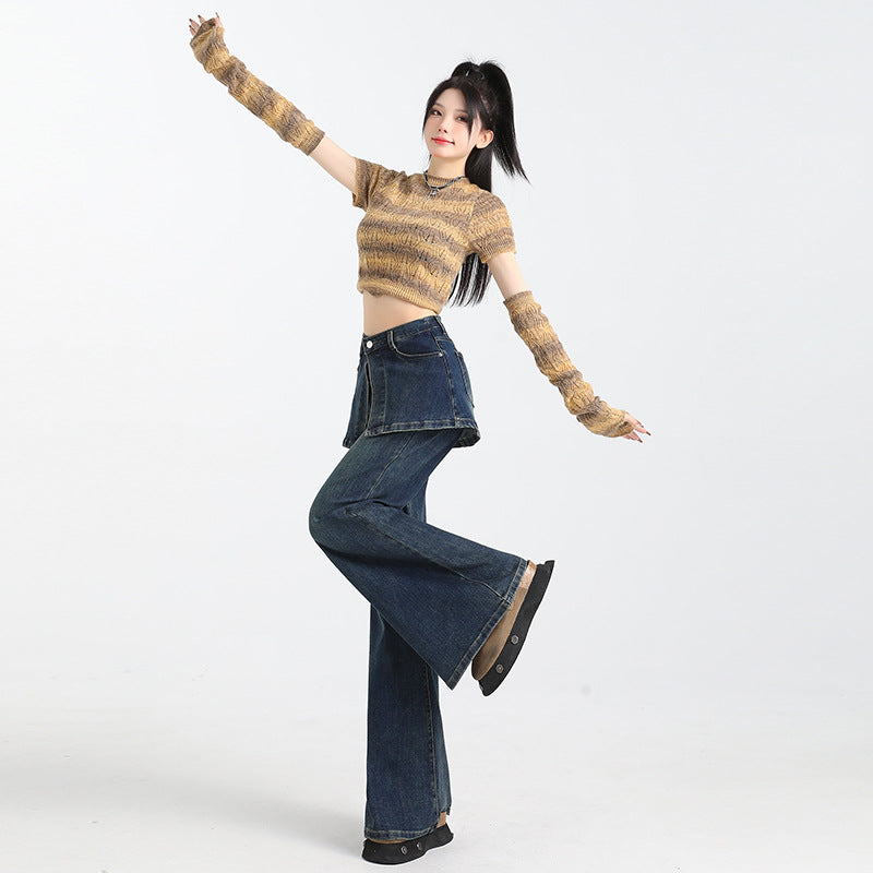 Women's Fake Two-piece Dark Blue Fart Curtain Jeans