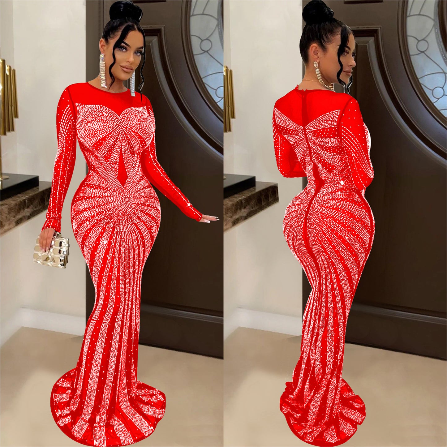 Women's Wear Pure Color Mesh Rhinestone Long Dresses