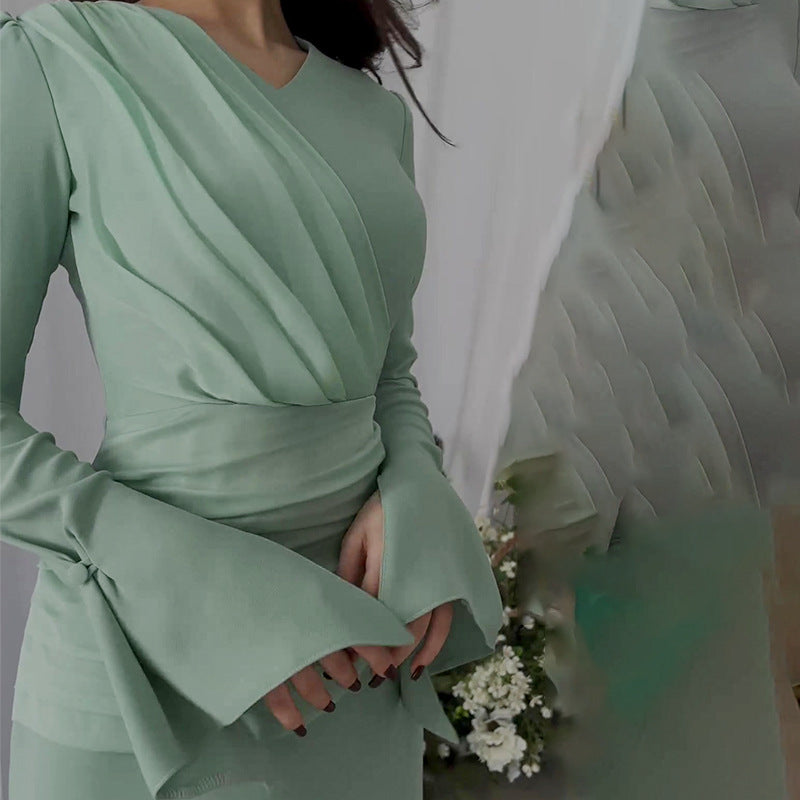 Flared Pleated Cross Overlay Strap Cinched Dresses