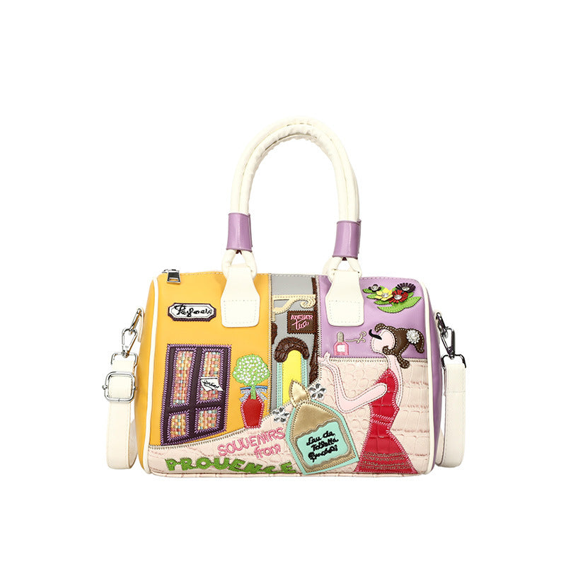 Retro Large Capacity Portable Boston Niche Embroidered Patch Crossbody Bags