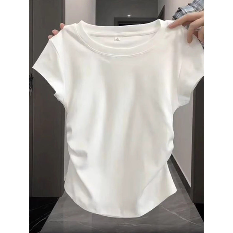 Women's Cotton White Round Neck Shoulder Short-sleeved Tops