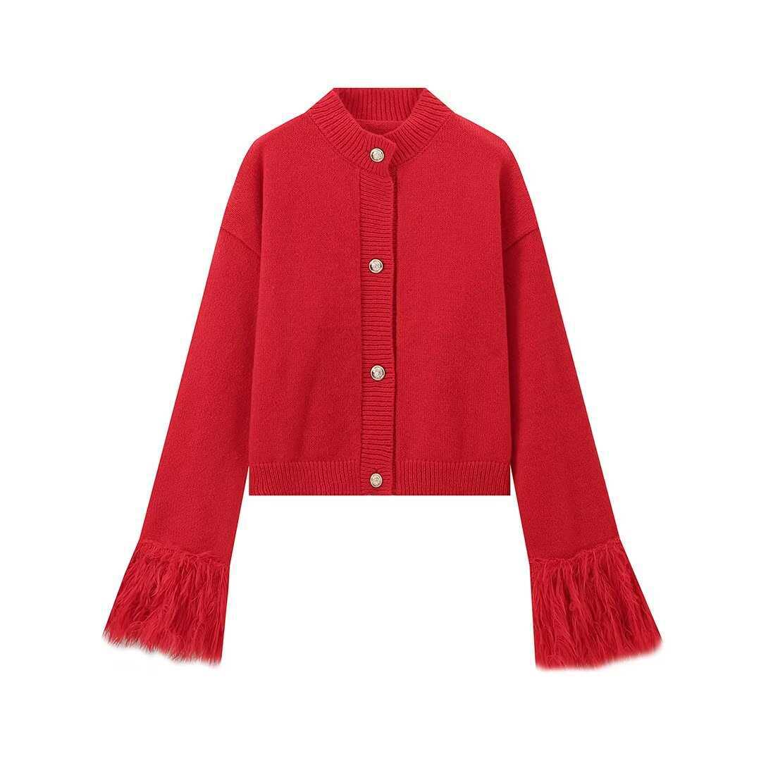 Women's Elegant Graceful Red Feather Design Knitted Knitwear