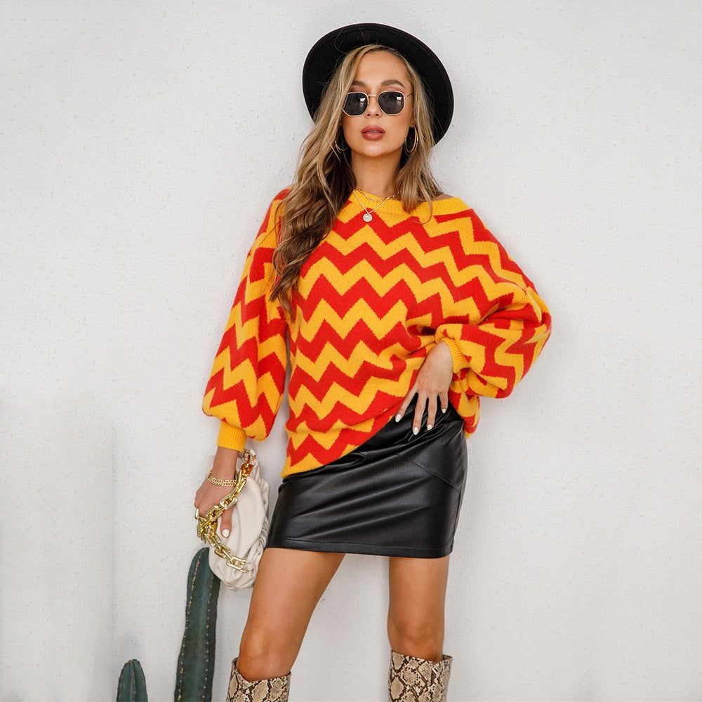 Women's Large Pullover Patchwork Mid-length Round Neck Sweaters