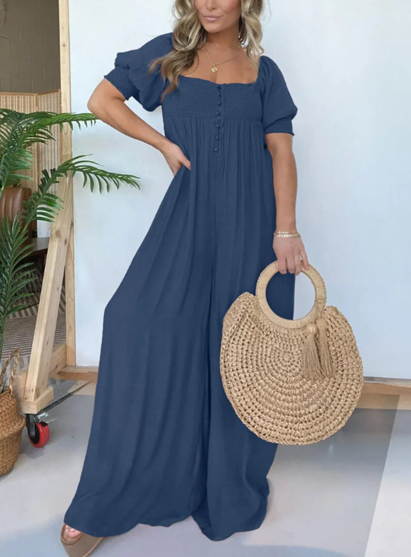 Pure Color Puff Sleeve Pleated Siamese Skirts