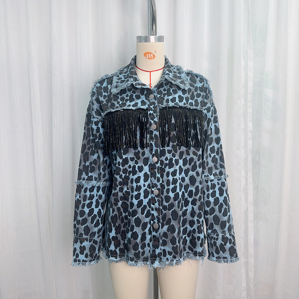 Women's Tassel Denim Spring Washed Distressed Leopard Jackets