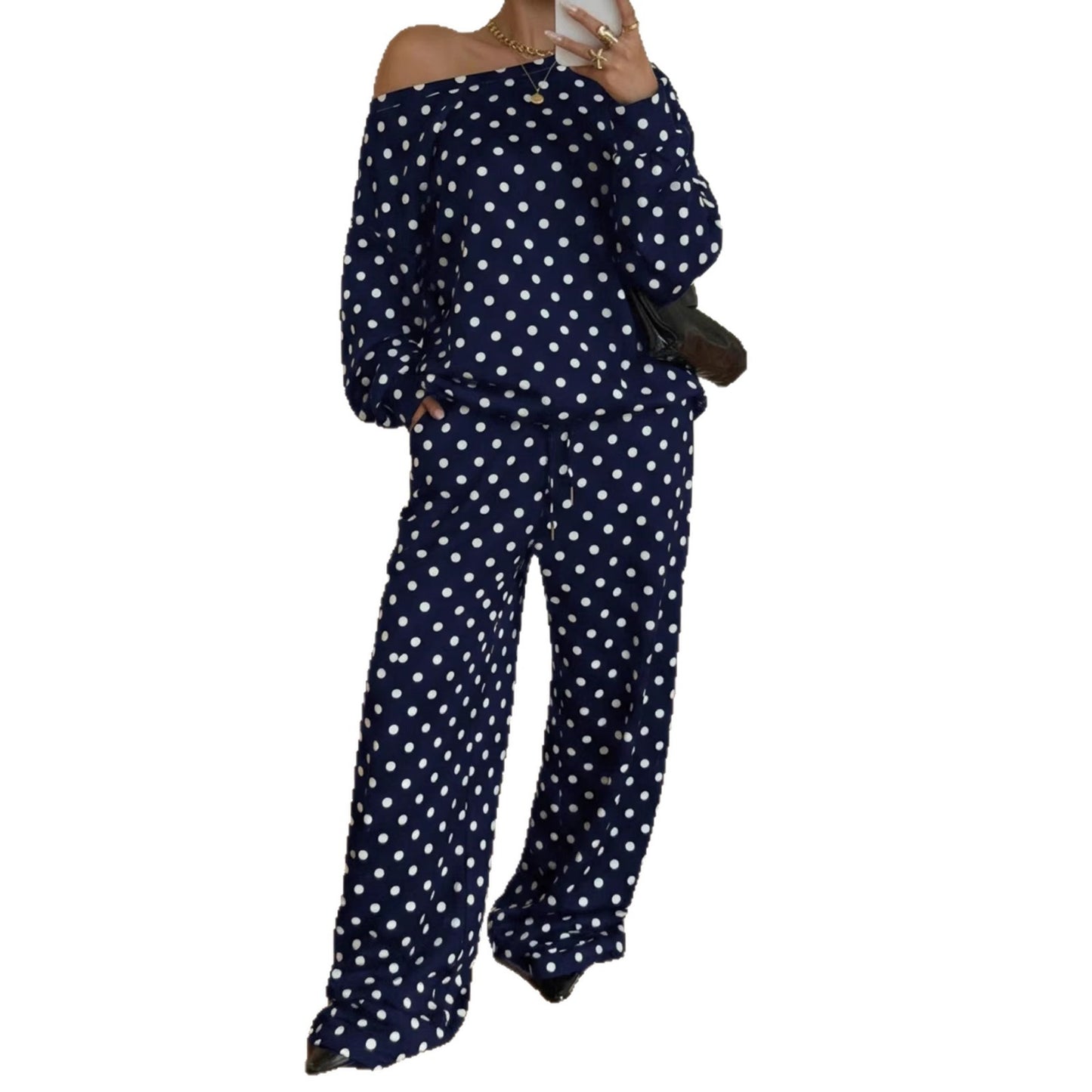 Women's Polka Dot Diagonal Collar Long Sleeve Pocket Drawstring Suits