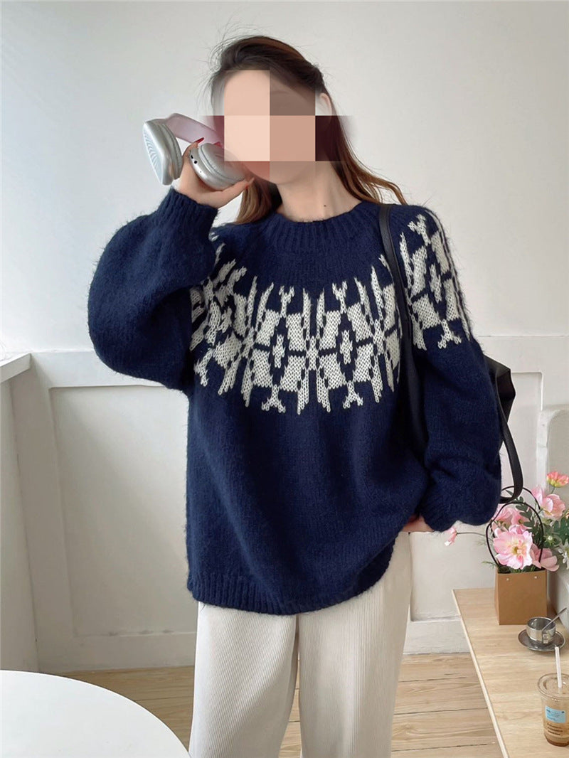 Women's Bodies Crew Neck Pullover Fashionable Loose Knitwear