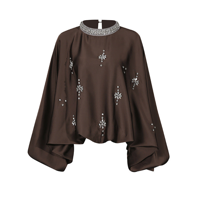 Vintage Style Design Round Neck Rhinestone Loose Blouses
