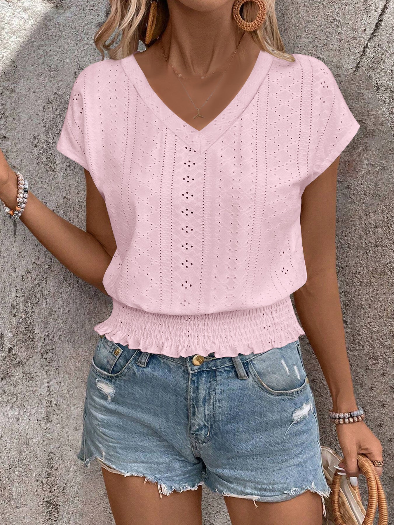 Women's Jacquard Smocking Short-sleeved Fashion Casual Women's T-shirt