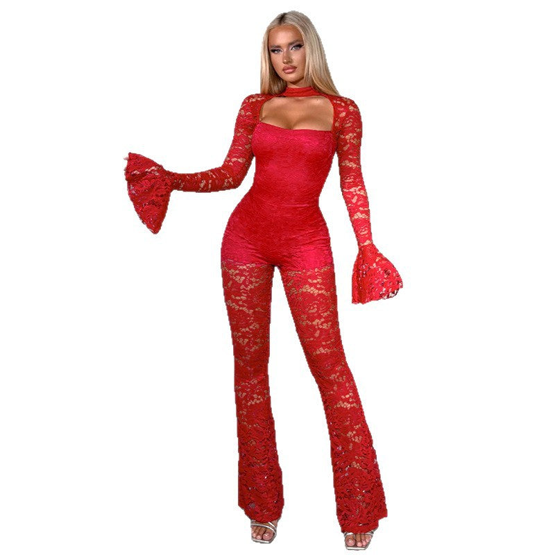 Women's Color Sexy Cutout Flared Long Sleeve Waist Jumpsuits