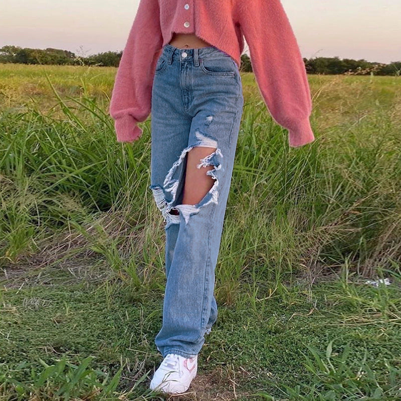 Women's Summer Loose Personality Ripped Straight Casual Women's Jeans
