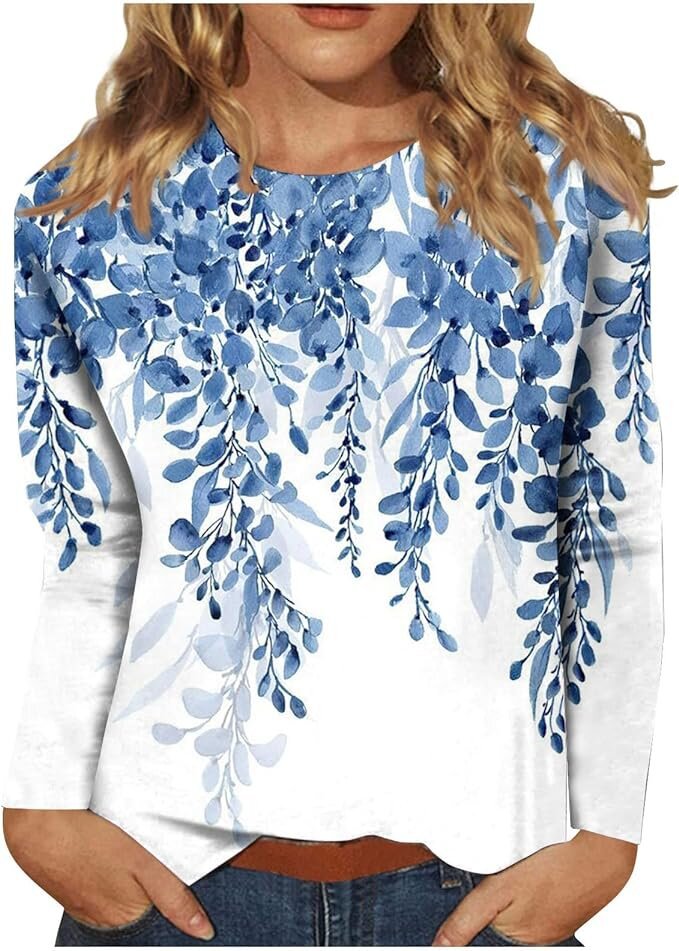 Women's Round Neck Long Sleeve Loose Print Tops