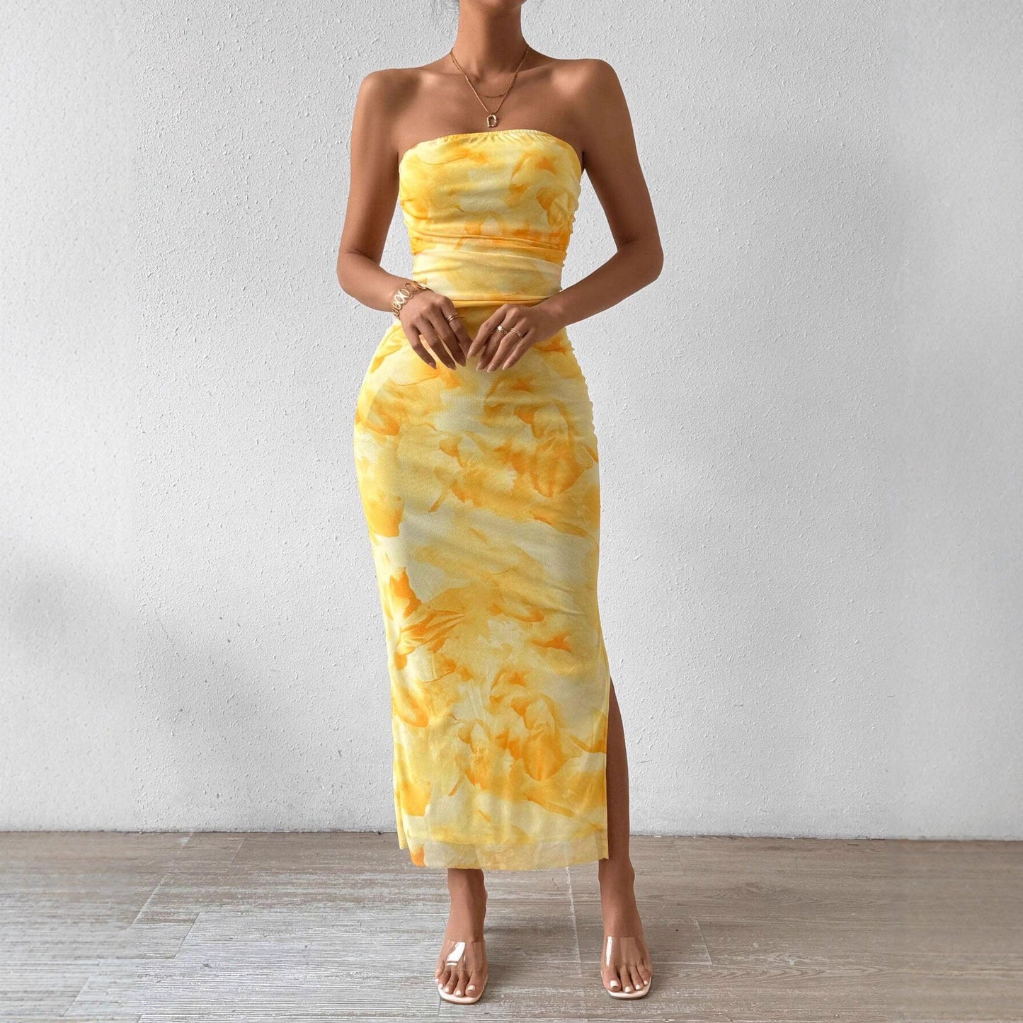 Women's Mesh Floral Print High Waist Slit Dress