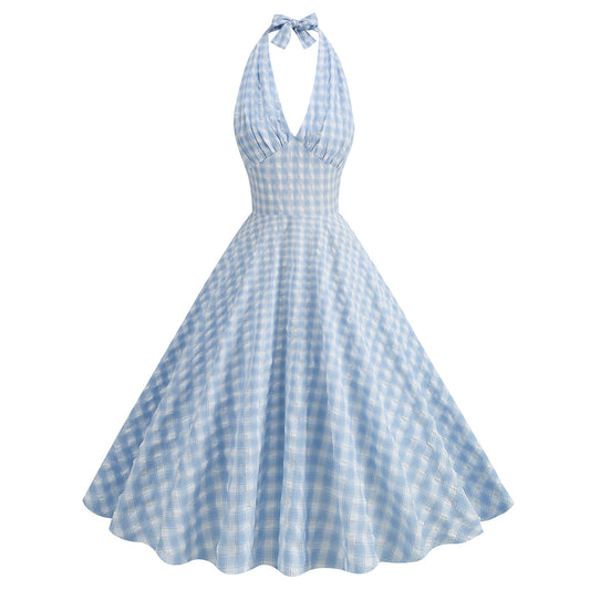 Women's Hepburn Style High Waist Halter Elegant Graceful Large Swing Sexy Dress