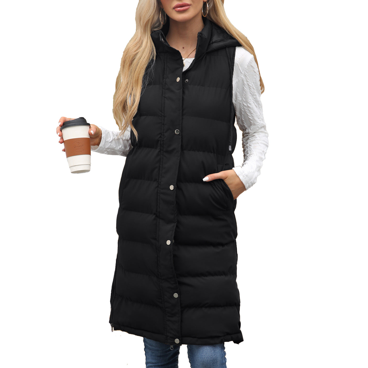 Women's Ladies Hooded Sleeveless Long Solid Color Vests