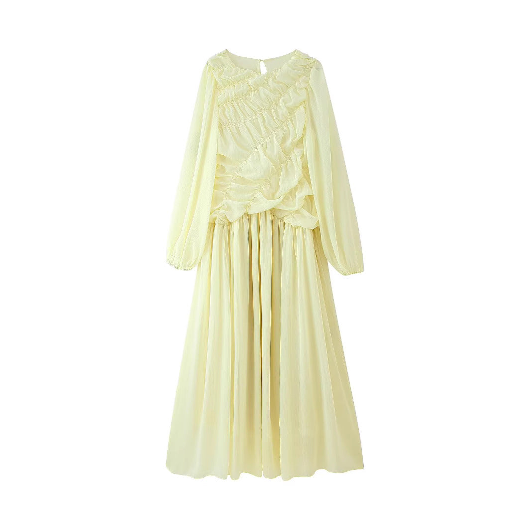 Women's Temperament Pleated Round Neck Versatile Slimming Dresses