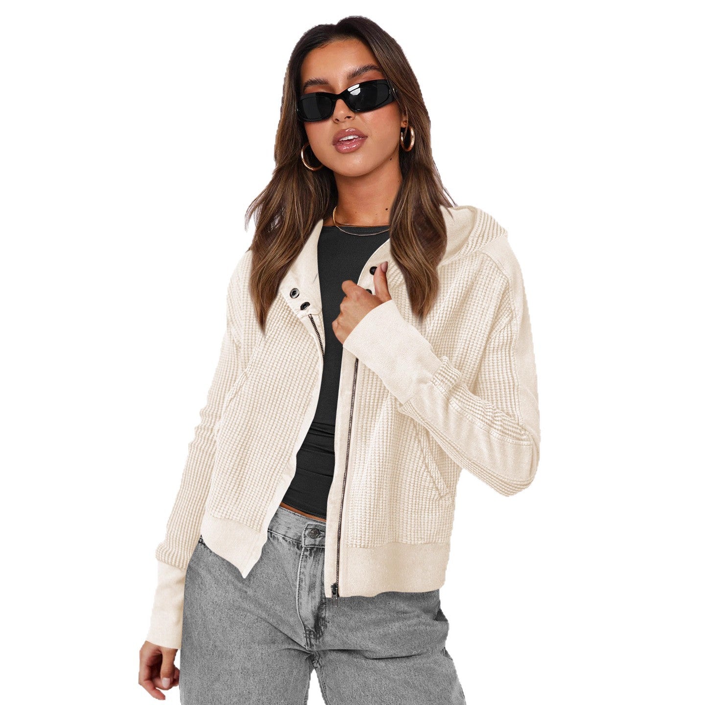 Women's Patchwork Hoodie Idle Style Zipper Hooded Sweaters