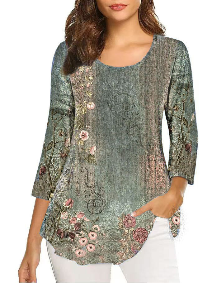 Autumn Three-quarter Sleeve Round Neck Printed Mid-length Bottoming Tops