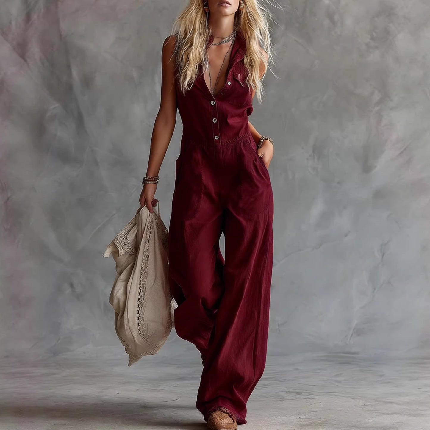 Casual Fashion Western Style Front Button Sleeveless Jumpsuits