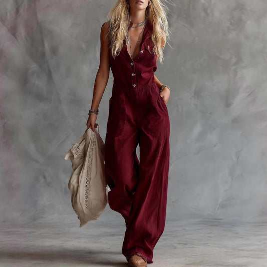 Casual Fashion Western Style Front Button Sleeveless Jumpsuits