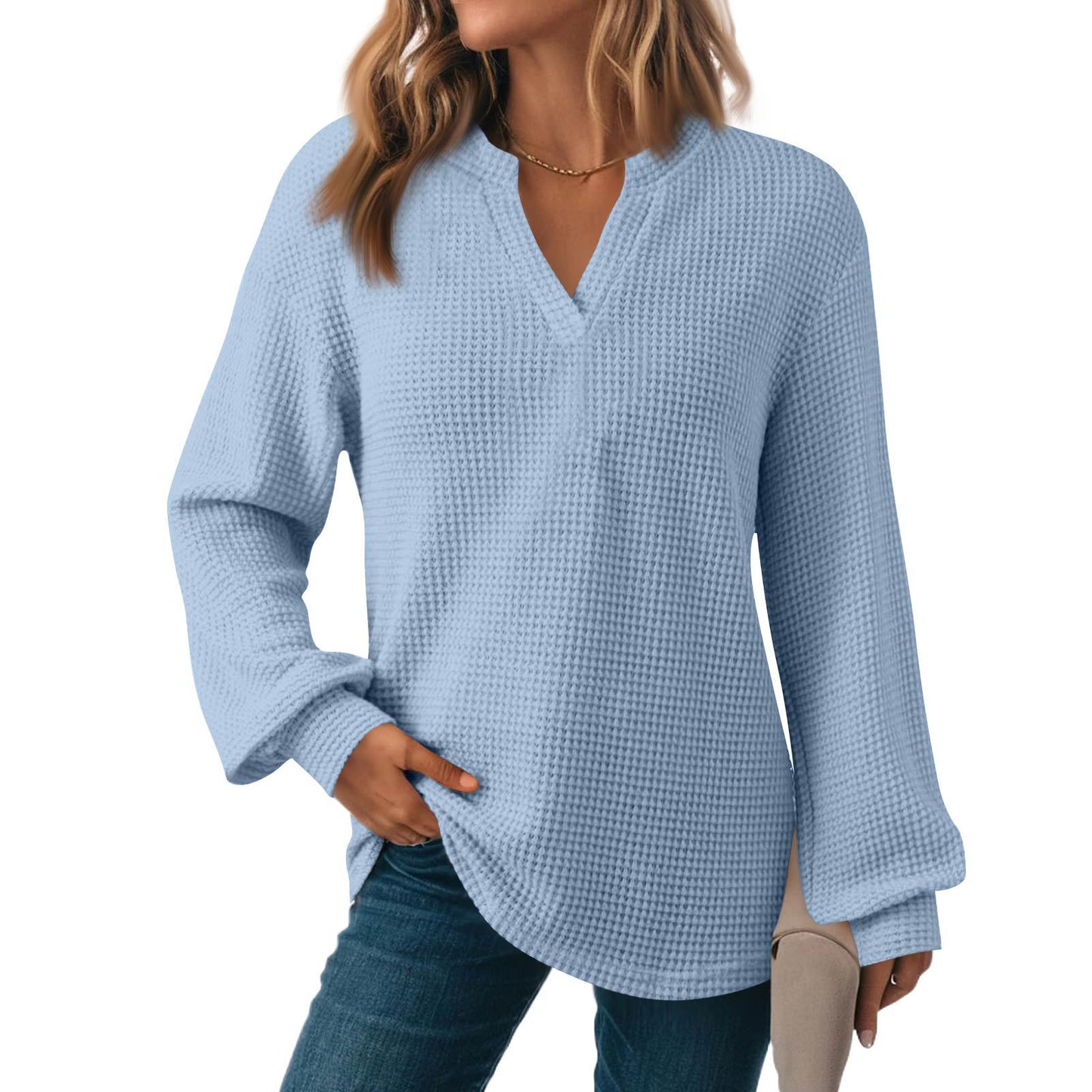 Women's Solid Color Waffle Loose Long Sleeve Women's Sweater, Sweater
