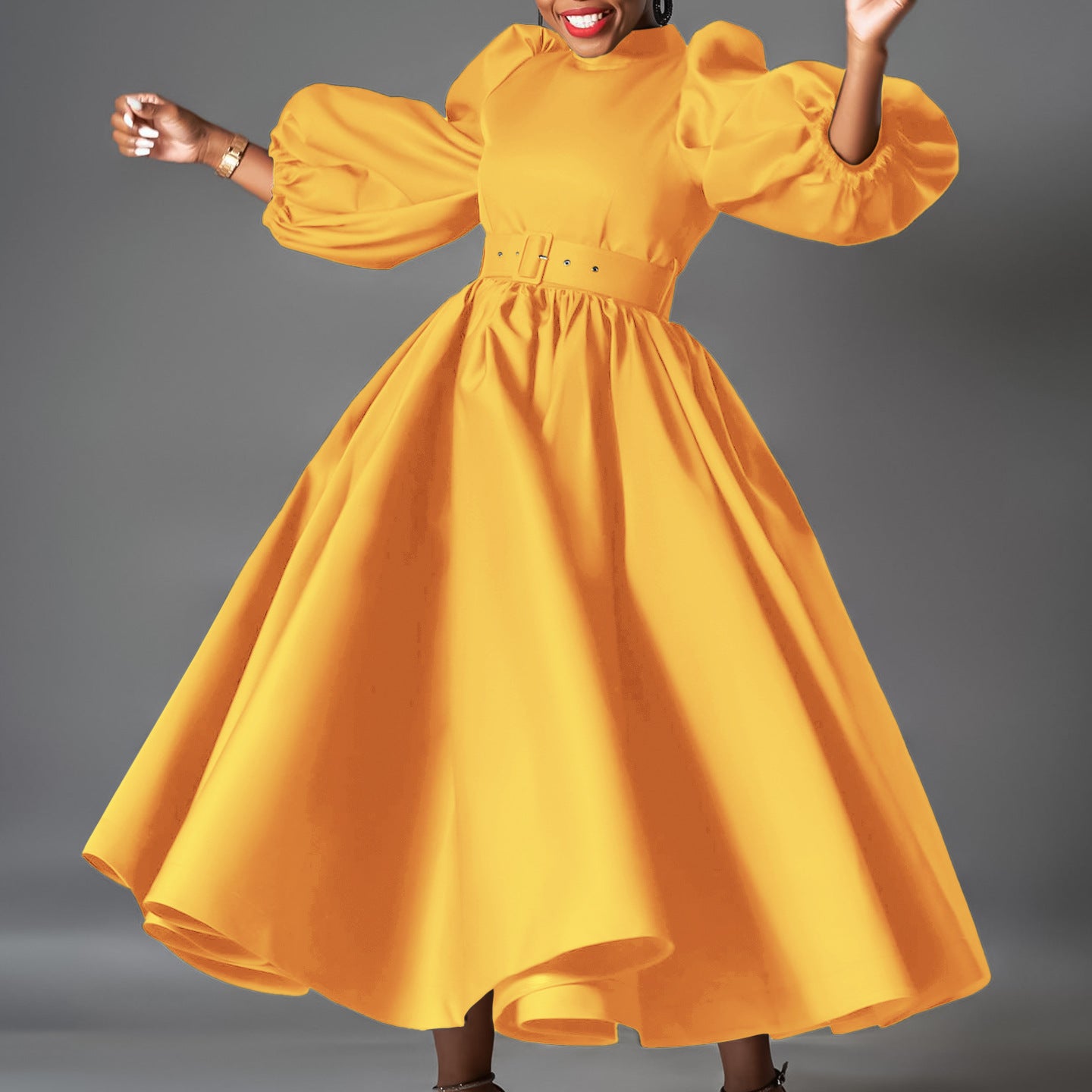 Women's Color Large Puff Sleeve Midi Dress Dresses