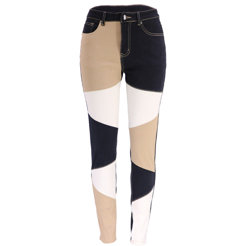 Women's Autumn Blue Black Stitching Trendy Cotton Jeans