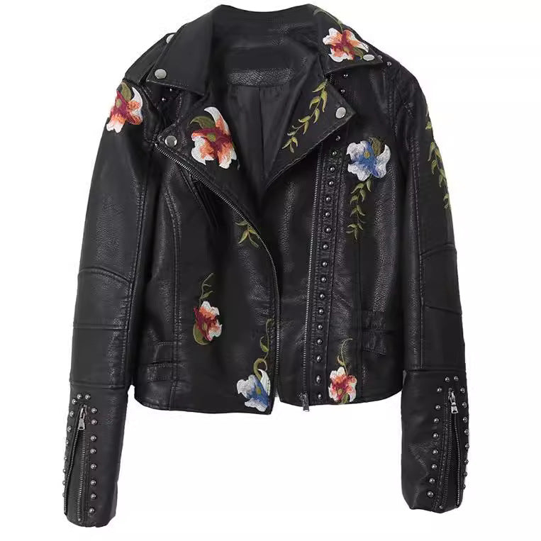 Women's Spring Embroidered Rivet Leather Embroidery Machine Coats