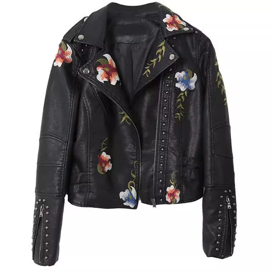 Women's Spring Embroidered Rivet Leather Embroidery Machine Coats
