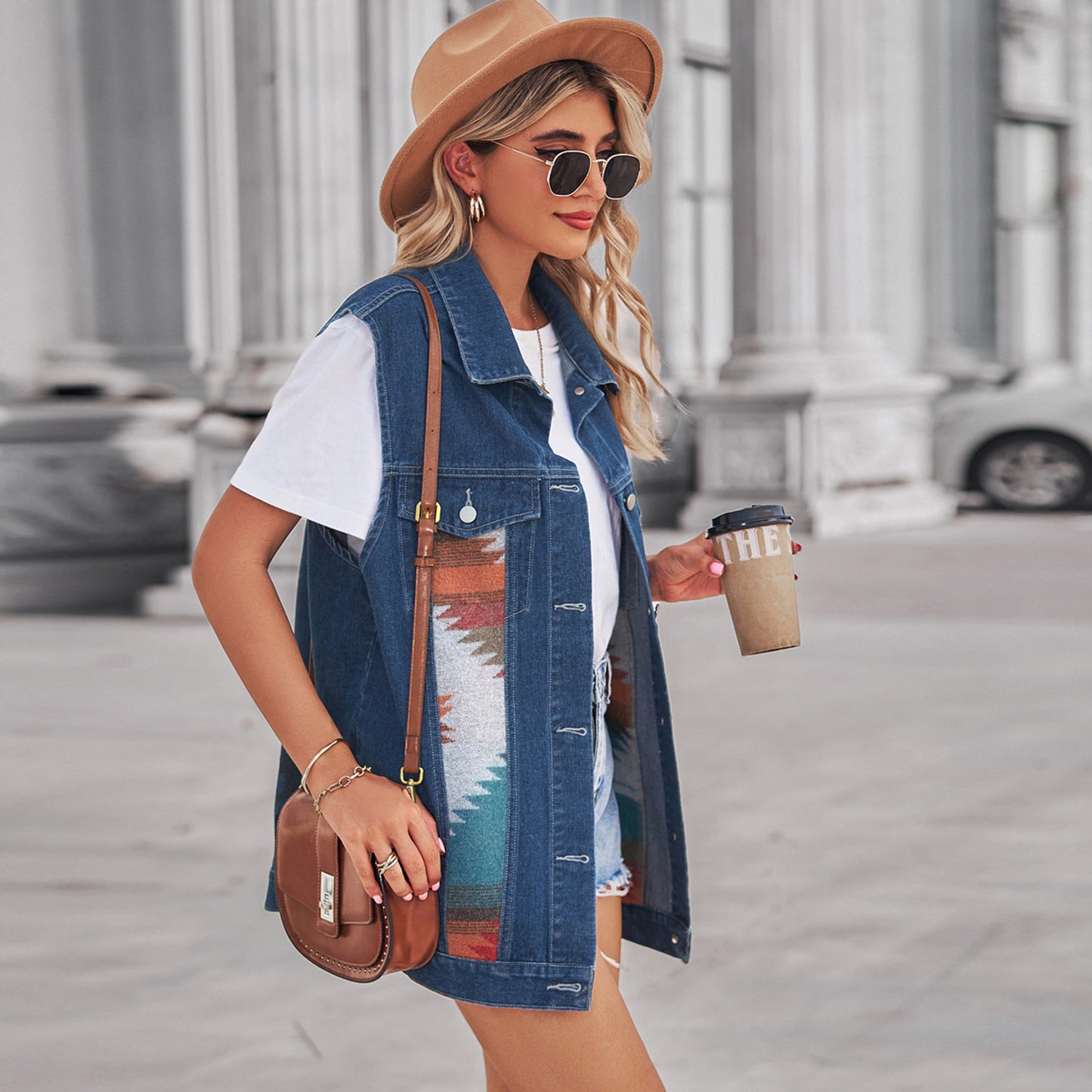 Women's Retro Geometric Denim Color Matching Loose Coats