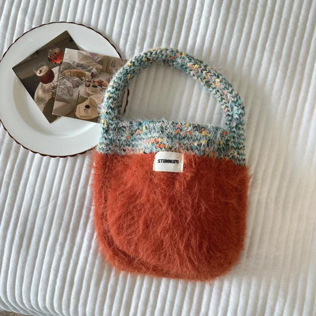 Women's Contrast Color Knitted Plush Fashion Winter Handbags