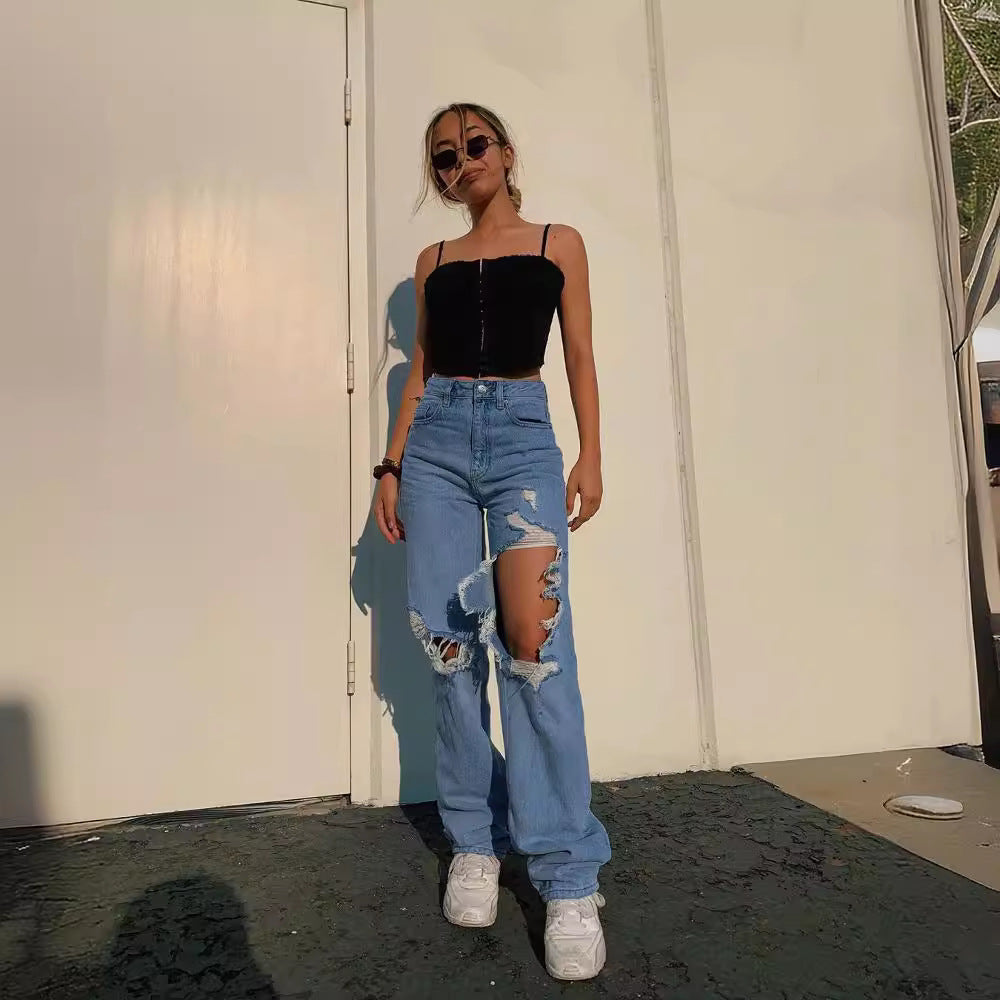 Women's Summer Loose Personality Ripped Straight Casual Women's Jeans
