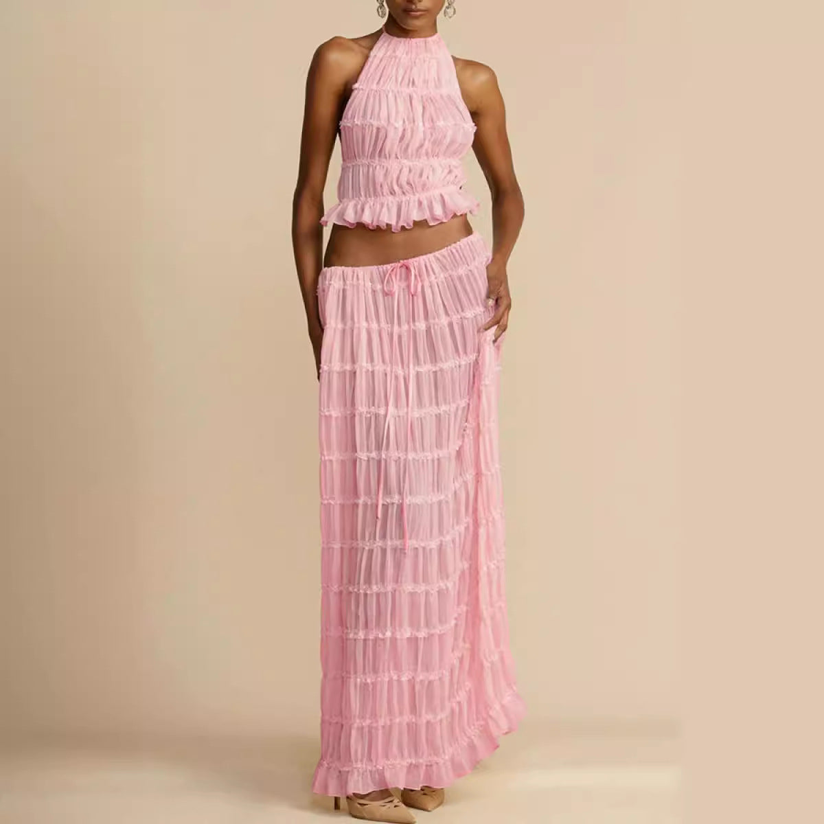 Fashion Sexy Backless Halter Pleated Lace Suits