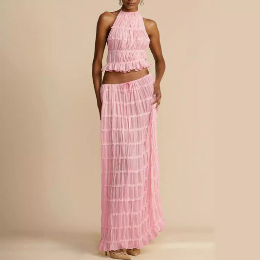 Fashion Sexy Backless Halter Pleated Lace Suits